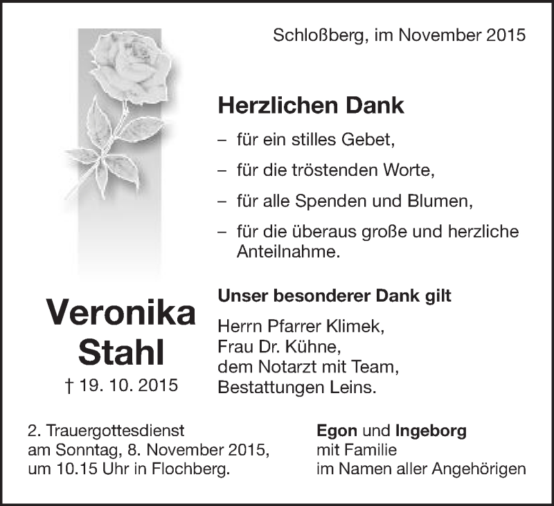  Traueranzeige für Veronika Stahl vom 06.11.2015 aus Schwäbische Post