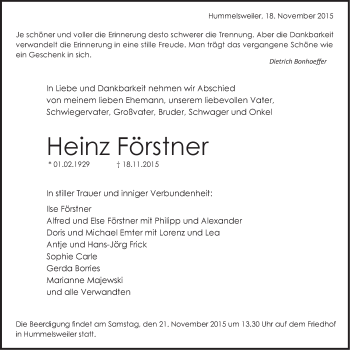 Traueranzeige von Heinz Förstner von Schwäbische Post