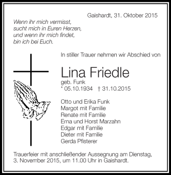 Traueranzeige von Lina Friedle von Schwäbische Post