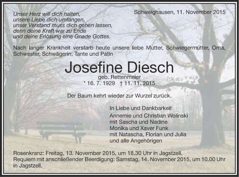  Traueranzeige für Josefine Diesch vom 12.11.2015 aus Schwäbische Post