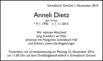 Traueranzeige von Anneli Dietz von Gmünder Tagespost