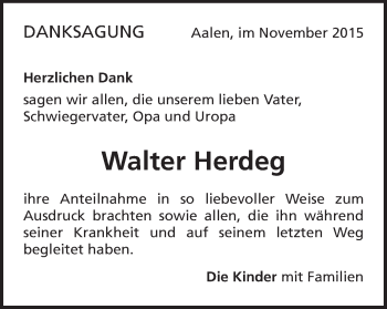 Traueranzeige von Walter Herdeg von Schwäbische Post