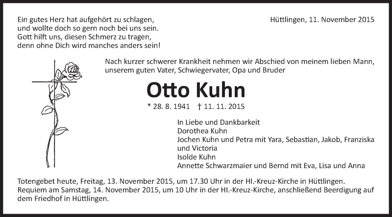  Traueranzeige für Otto Kuhn vom 13.11.2015 aus Schwäbische Post