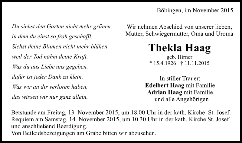  Traueranzeige für Thekla Haag vom 13.11.2015 aus Gmünder Tagespost