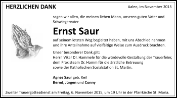 Traueranzeige von Ernst Saur von Schwäbische Post