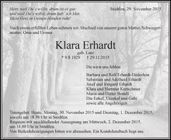 Traueranzeige von Klara Erhardt von Schwäbische Post