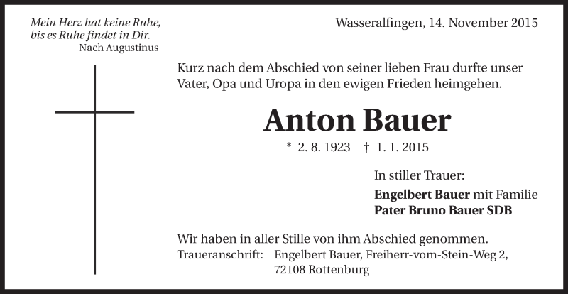  Traueranzeige für Anton Bauer vom 14.11.2015 aus Schwäbische Post