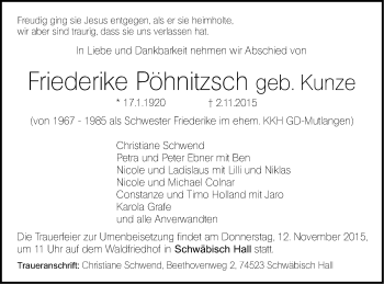 Traueranzeige von Christiane Schwend von Gmünder Tagespost