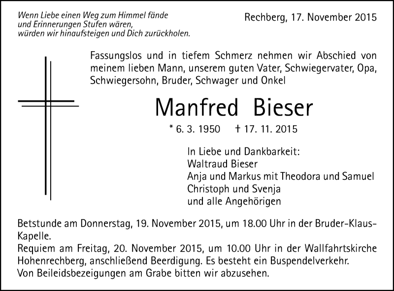  Traueranzeige für Manfred Bieser vom 18.11.2015 aus Gmünder Tagespost
