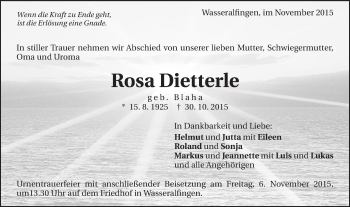 Traueranzeige von Rosa Dietterle von Schwäbische Post