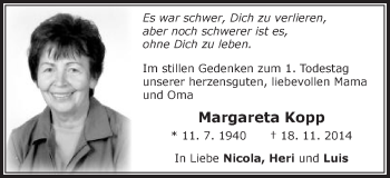 Traueranzeige von Margareta Kopp von Schwäbische Post