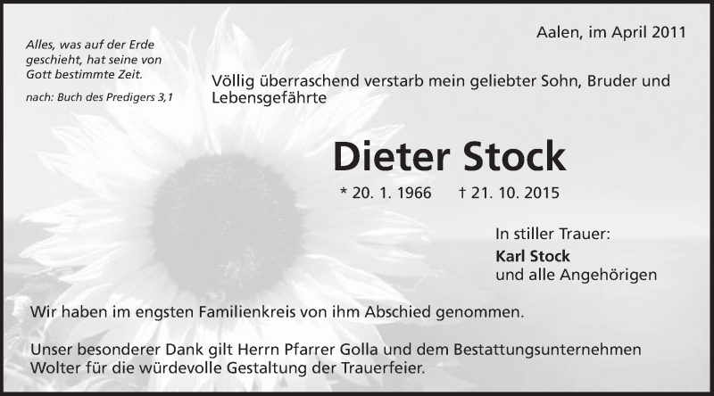  Traueranzeige für Dieter Stock vom 02.11.2015 aus Schwäbische Post