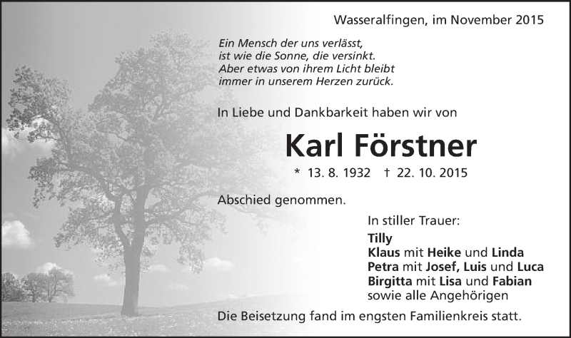  Traueranzeige für Karl Förstner vom 05.11.2015 aus Schwäbische Post