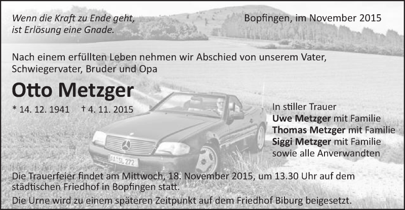  Traueranzeige für Otto Metzger vom 14.11.2015 aus Schwäbische Post
