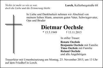 Traueranzeige von Dietmar Oechsle von Gmünder Tagespost