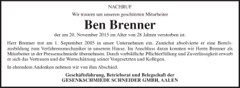 Traueranzeige von Ben Brenner von Schwäbische Post