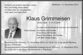 Traueranzeige von Klaus Grimmeisen von Schwäbische Post
