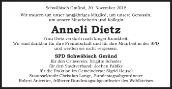 Traueranzeige von Anneli Dietz von Gmünder Tagespost