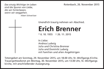 Traueranzeige von Erich Brenner von Schwäbische Post