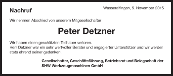 Traueranzeige von Peter Detzner von Schwäbische Post