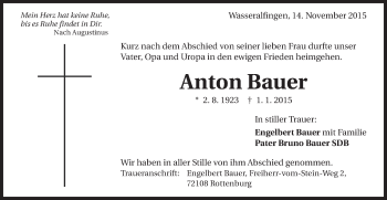 Traueranzeige von Anton Bauer von Schwäbische Post