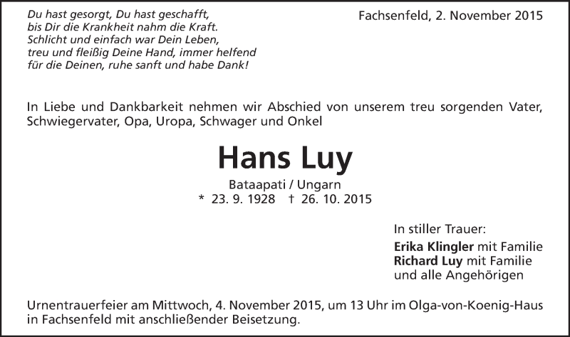  Traueranzeige für Hans Luy vom 02.11.2015 aus Schwäbische Post