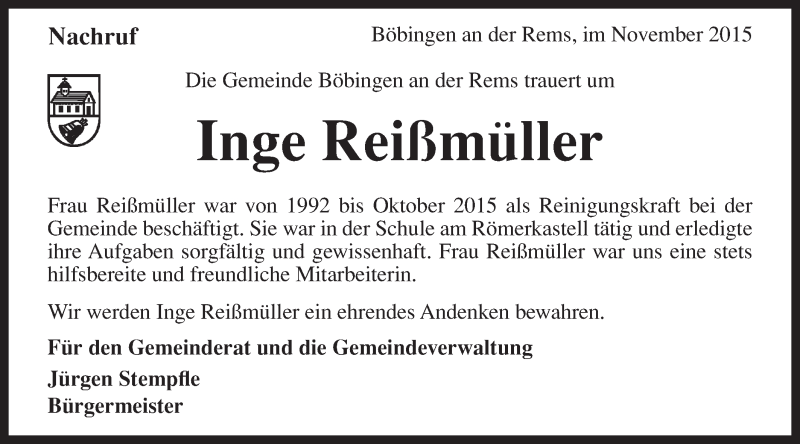  Traueranzeige für Inge Reißmüller vom 26.11.2015 aus Gmünder Tagespost
