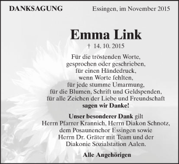 Traueranzeige von Emma Link von Schwäbische Post
