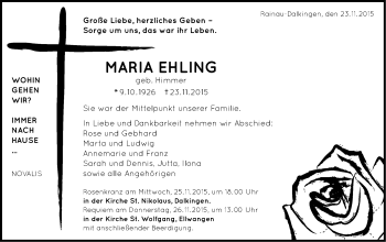 Traueranzeige von Maria Ehling von Schwäbische Post