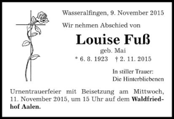 Traueranzeige von Louise Fuß von Schwäbische Post