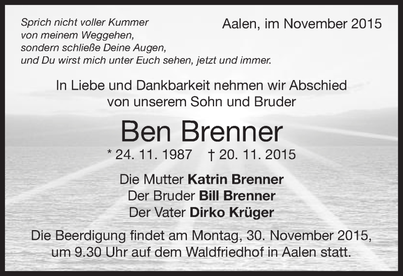  Traueranzeige für Ben Brenner vom 27.11.2015 aus Schwäbische Post