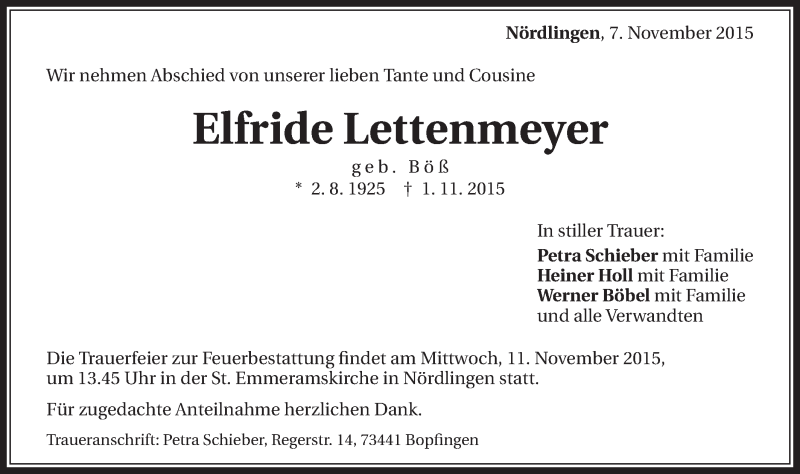  Traueranzeige für Elfride Lettenmeyer vom 07.11.2015 aus Schwäbische Post