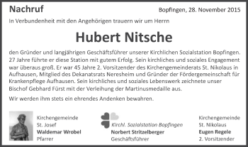 Traueranzeige von Hubert Nitsche von Schwäbische Post