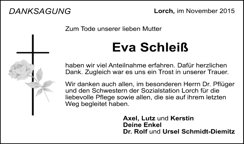  Traueranzeige für Eva Schleiß vom 21.11.2015 aus Gmünder Tagespost