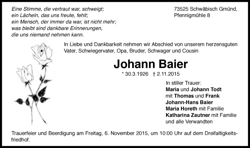  Traueranzeige für Johann Baier vom 04.11.2015 aus Gmünder Tagespost