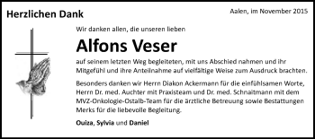 Traueranzeige von Alfons Veser von Schwäbische Post