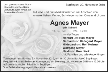 Traueranzeige von Agnes Mayer von Schwäbische Post