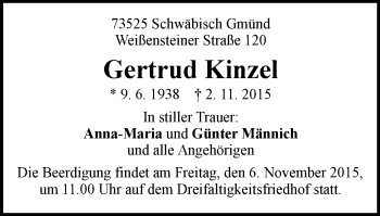 Traueranzeige von Gertrud Kinzel von Gmünder Tagespost