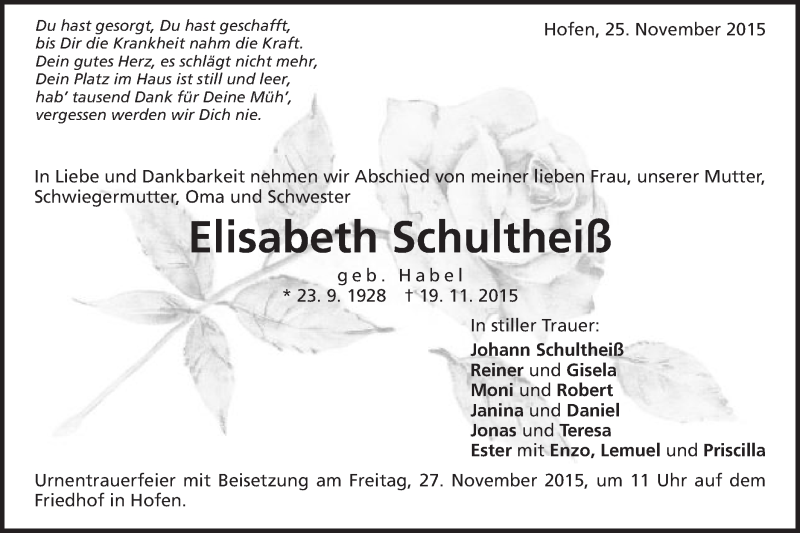  Traueranzeige für Elisabeth Schultheiß vom 25.11.2015 aus Schwäbische Post