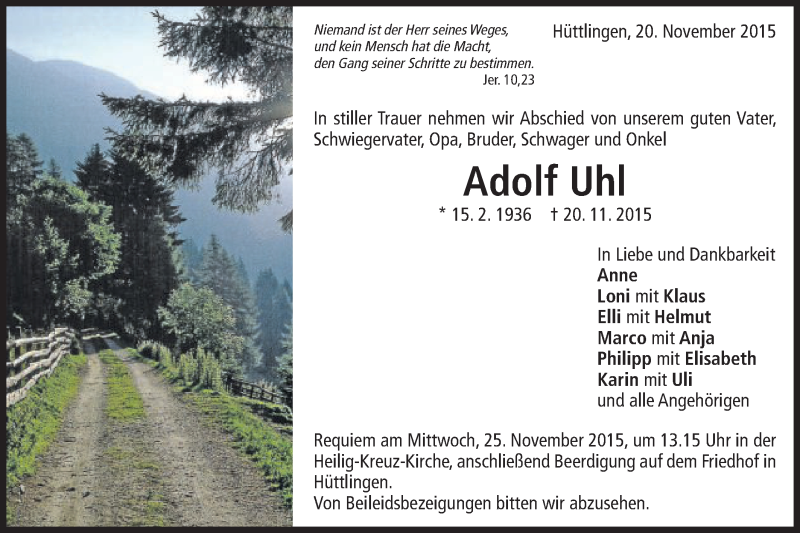 Traueranzeige für Adolf Uhl vom 23.11.2015 aus Schwäbische Post