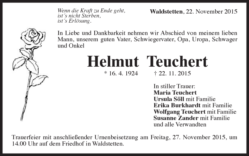  Traueranzeige für Helmut Teuchert vom 24.11.2015 aus Gmünder Tagespost