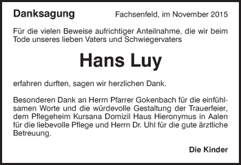 Traueranzeige von Hans Luy von Schwäbische Post