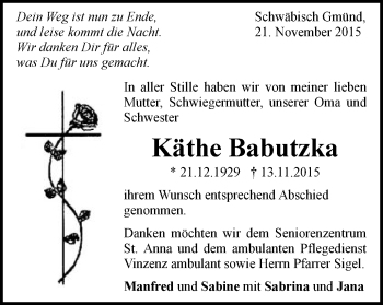 Traueranzeige von Käthe Babutzka von Gmünder Tagespost