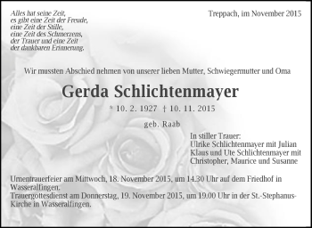 Traueranzeige von Gerda Schlichtenmayer von Schwäbische Post