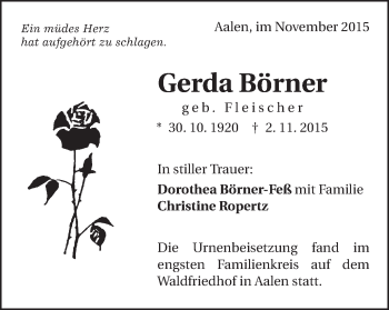 Traueranzeige von Gerda Börner von Schwäbische Post