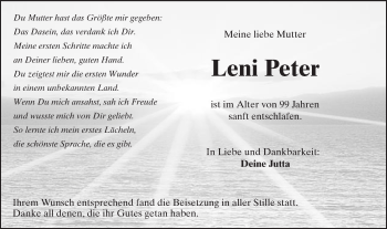 Traueranzeige von Leni Peter von Schwäbische Post