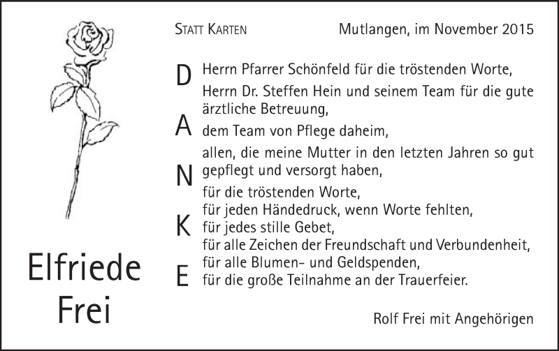  Traueranzeige für Elfriede Frei vom 25.11.2015 aus Gmünder Tagespost