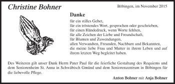 Traueranzeige von Christine Bohner von Gmünder Tagespost