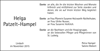 Traueranzeige von Helga Patzelt-Hampel von Gmünder Tagespost