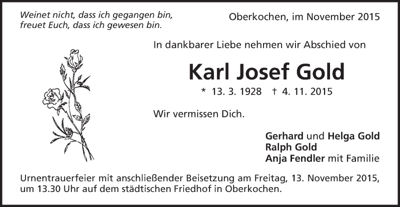 Traueranzeige für Karl Josef Gold vom 10.11.2015 aus Schwäbische Post
